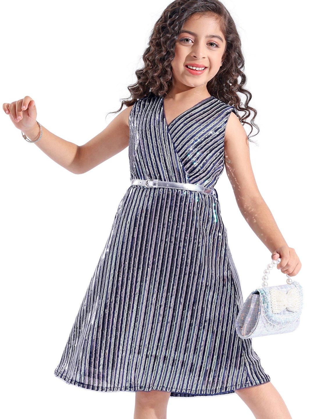 

Hola Bonita Girls Sequined Embellished V-Neck Sleeveless Wrap Dress Comes with a belt, Navy blue