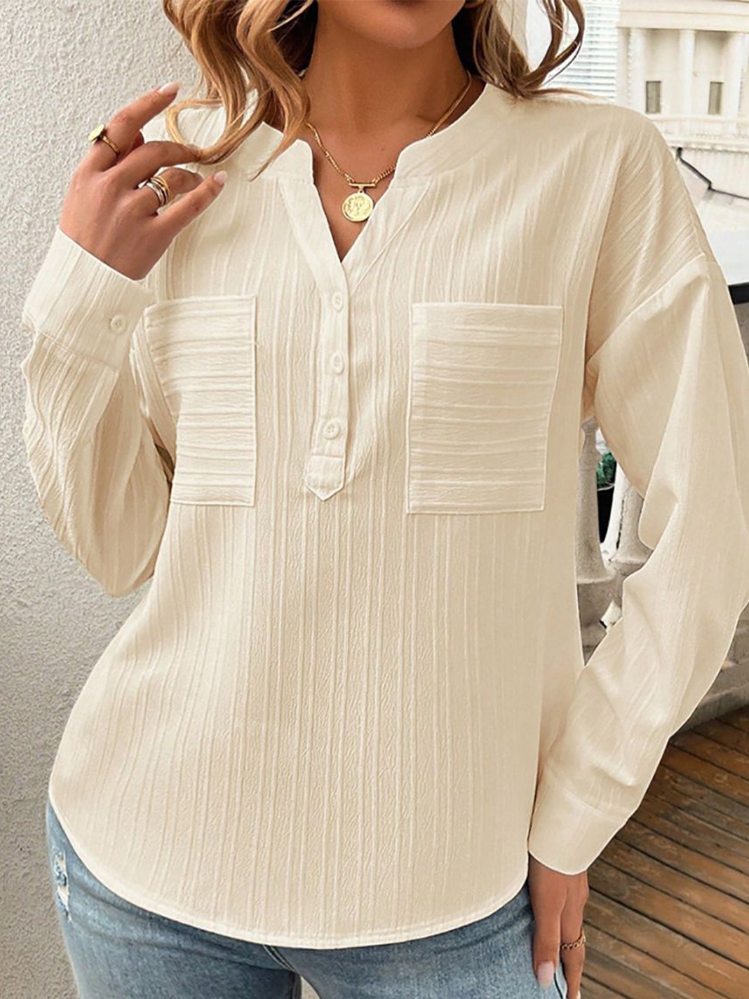 

StyleCast x Revolte Women Mandarin Collar Shirt Style Top, Beige