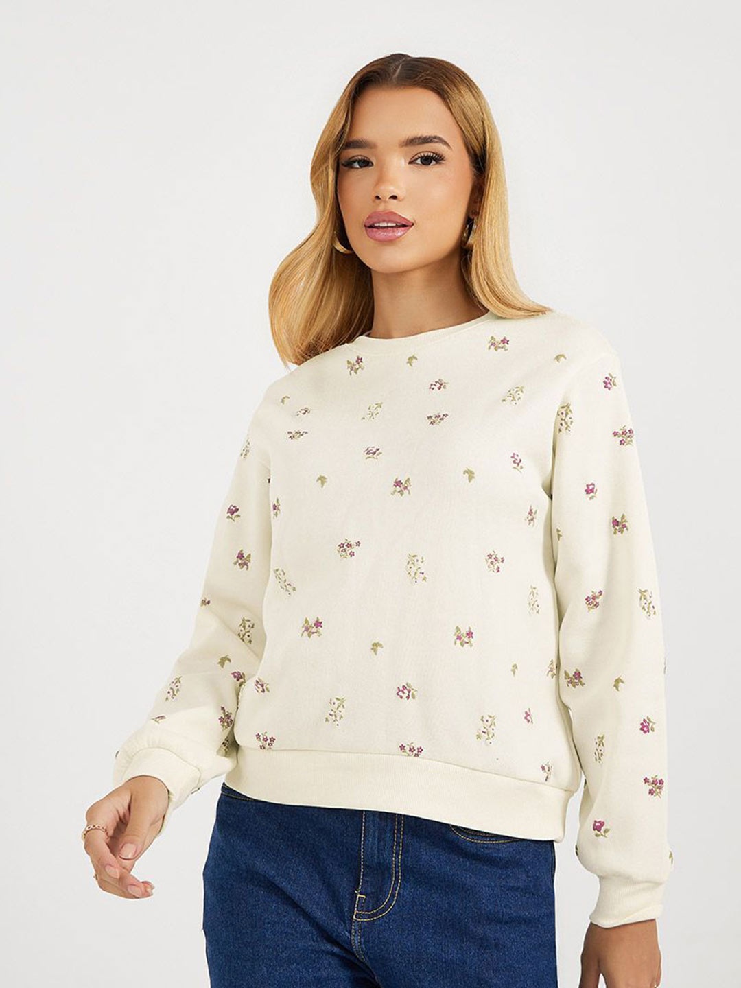 

Styli Women Floral Print Round Neck Regular Fit Sweatshirt, Off white