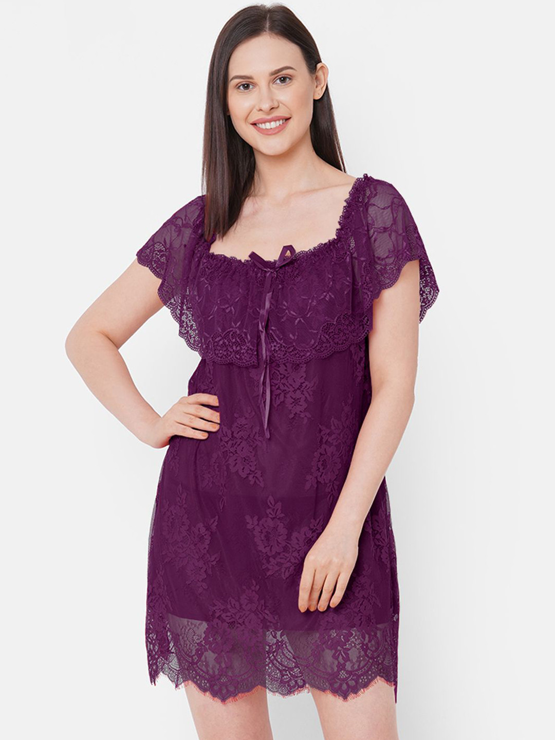 

NOIRA Women Net Strapless Baby Doll, Purple