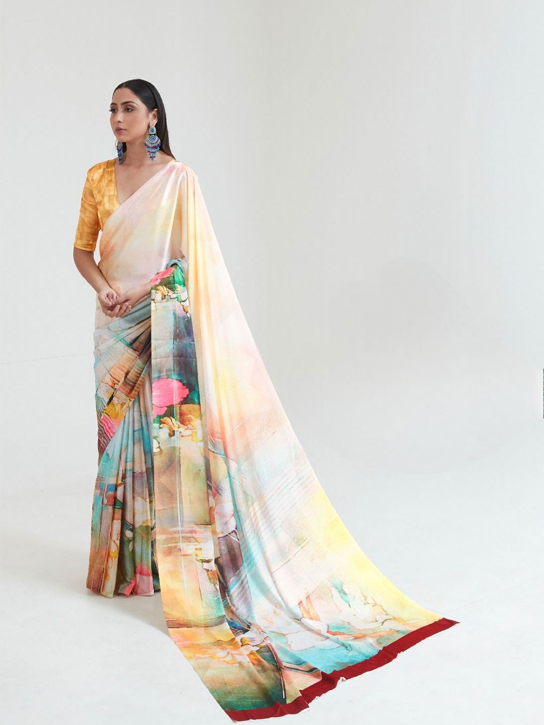 

Rujave Printed Satin Saree With Blouse Piece, Yellow
