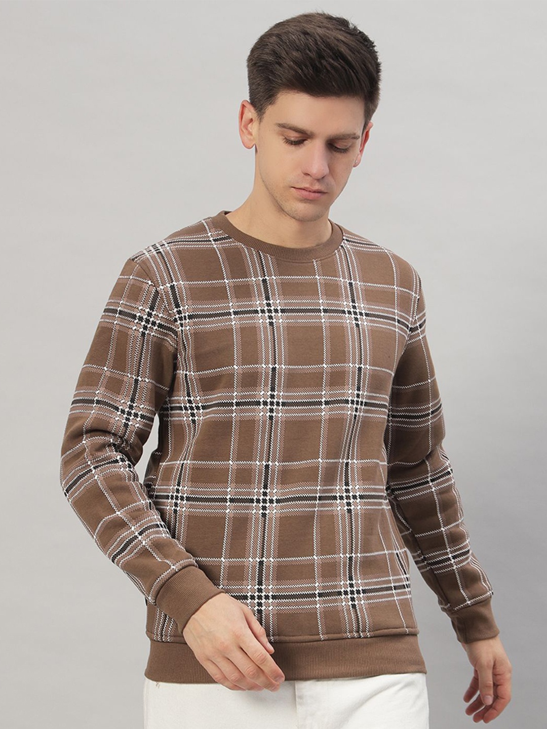 

PROFY Men Checked Round Neck Sweatshirt, Brown