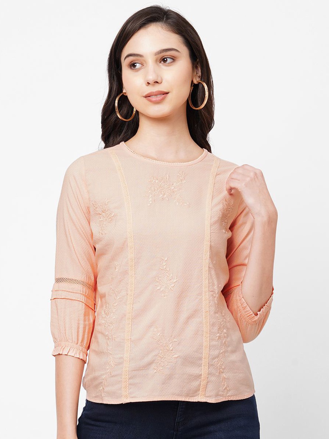 

Kraus Jeans Women Embroidered Three-Quarter Sleeves Top, Peach