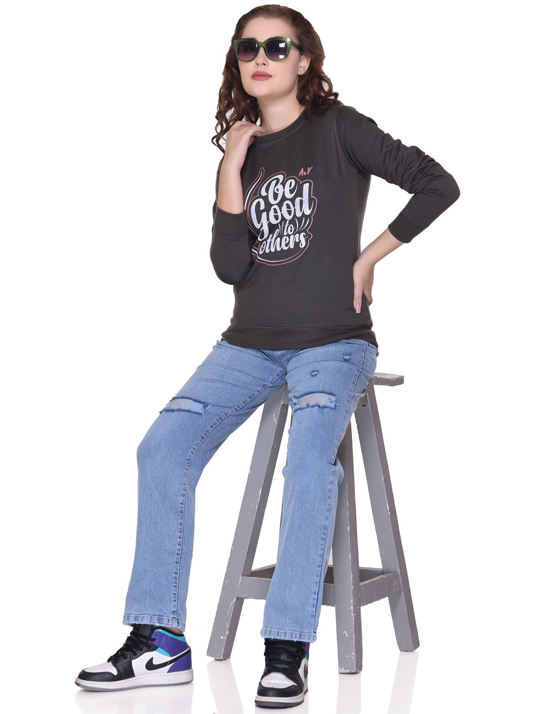 

A & Y Women Printed Cotton Round Neck Long Sleeves Pullover Sweatshirt, Grey