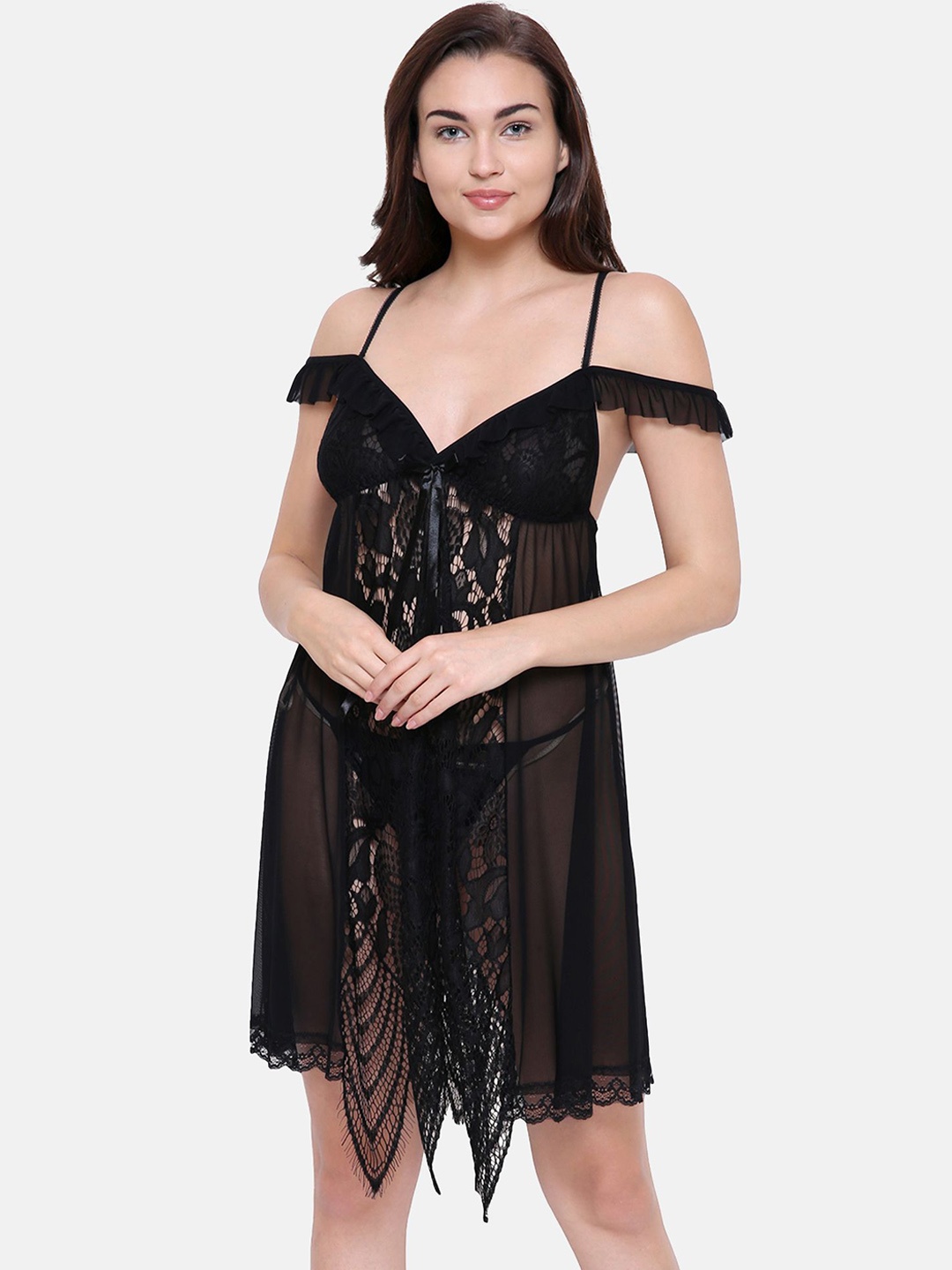 

NOIRA Women Shoulder Straps Net Baby Doll, Black