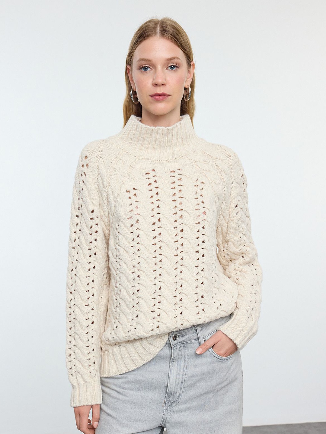 

Trendyol Women Self Design Turtle Neck Pullover Sweater, Beige