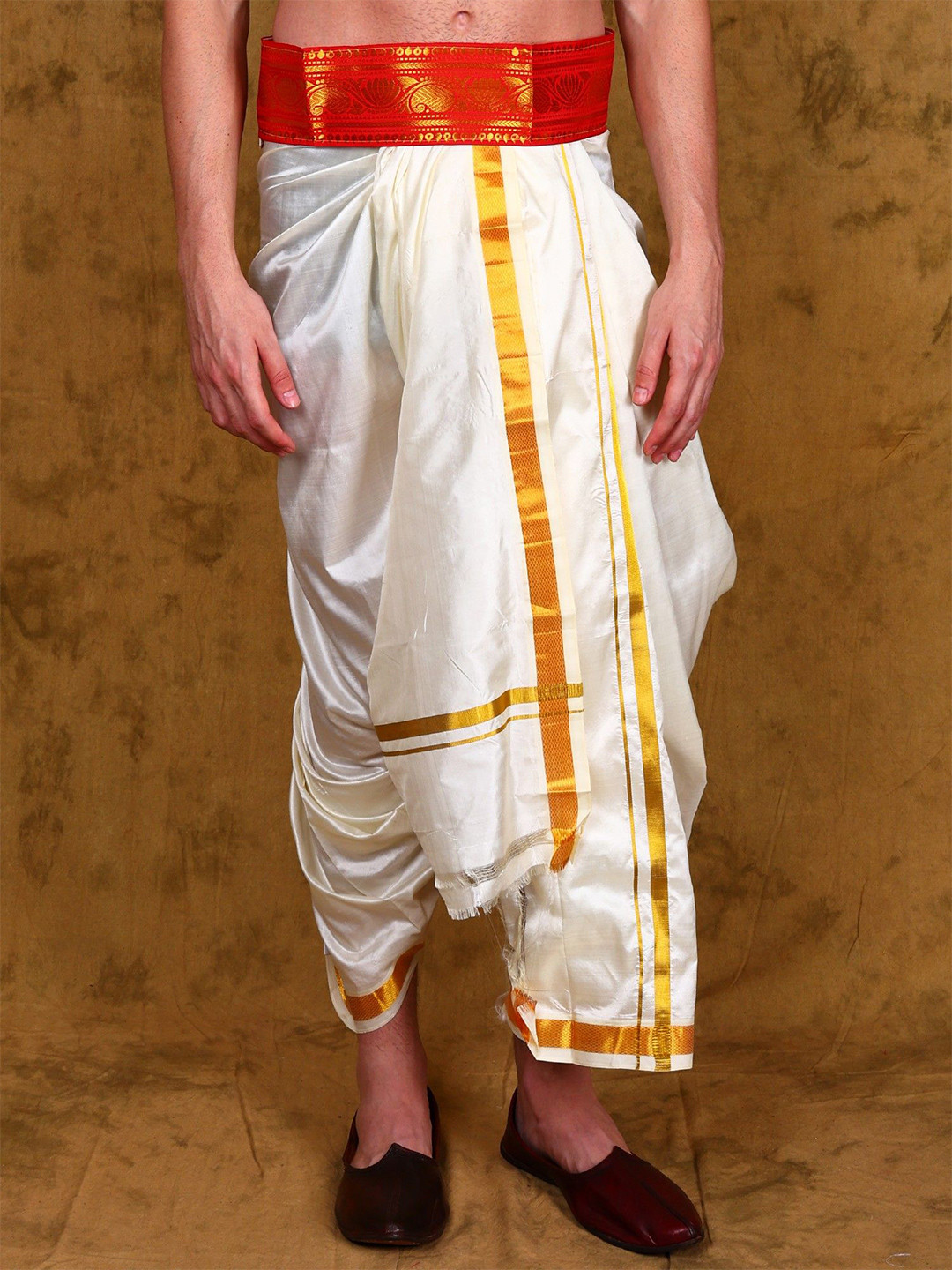 

Exotic India Men Woven Design Dhoti Belt With Zip Pouch, Red