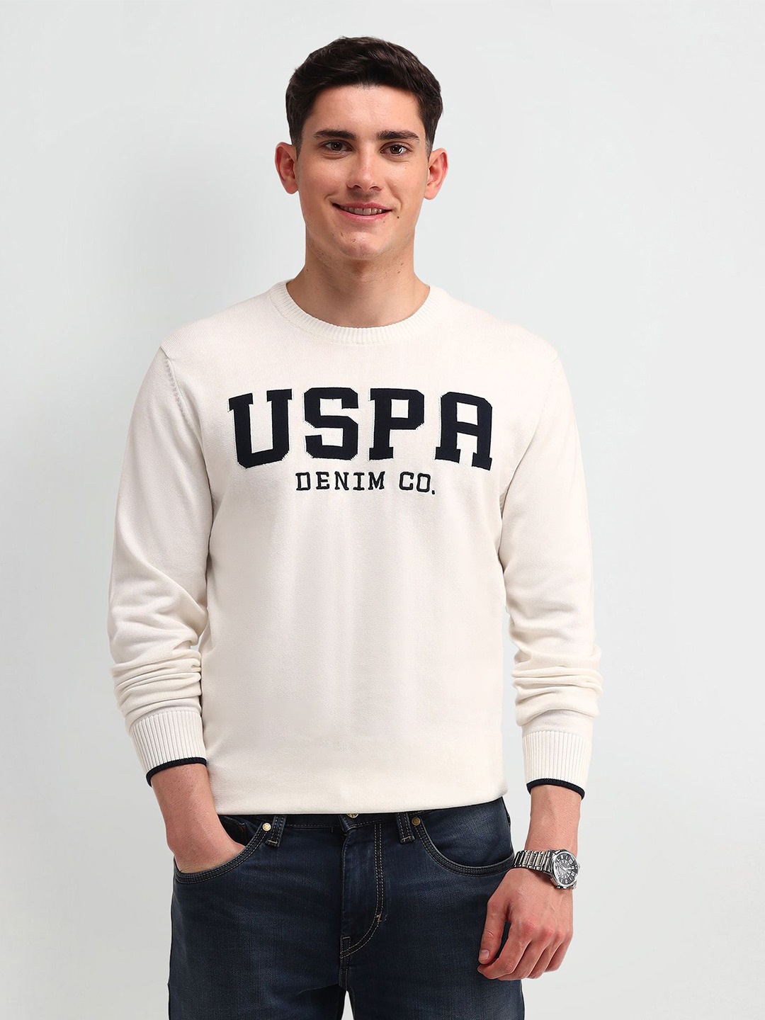 

U.S. Polo Assn. Denim Co. Men Printed Pure Cotton Round Neck Long Sleeves Pullover Sweater, White