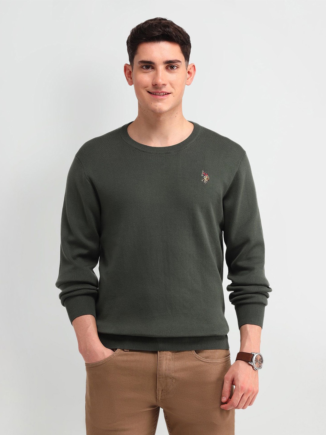 

U.S. Polo Assn. Denim Co. Men Pure Cotton Round Neck Long Sleeves Sweaters, Green