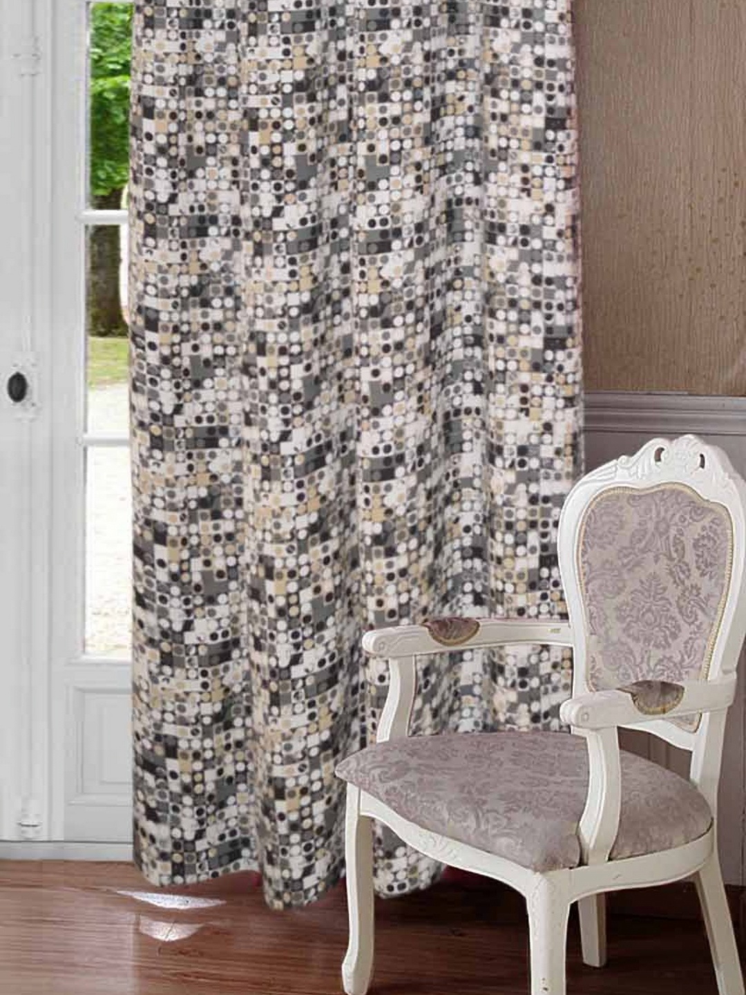 

Lushomes White & Grey Geometric Black Out Window Curtain