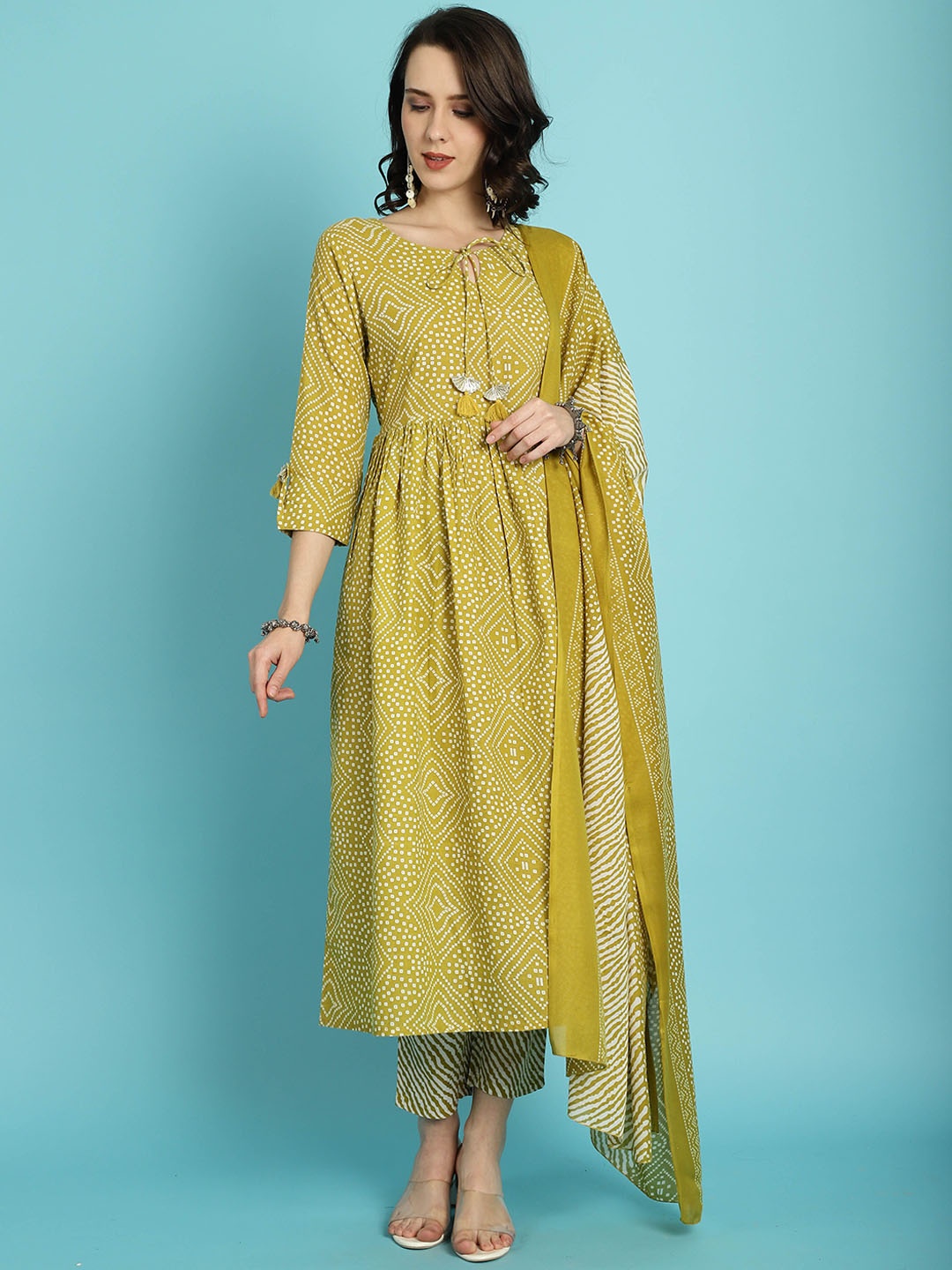 

Roly Poly Women Floral Printed Regular Pure Cotton Kurti with Trousers & With Dupatta, Mustard