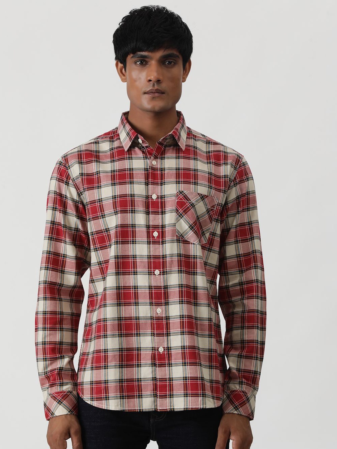 

Greenfibre Men Slim Fit Tartan Checks Opaque Checked Casual Shirt, Red