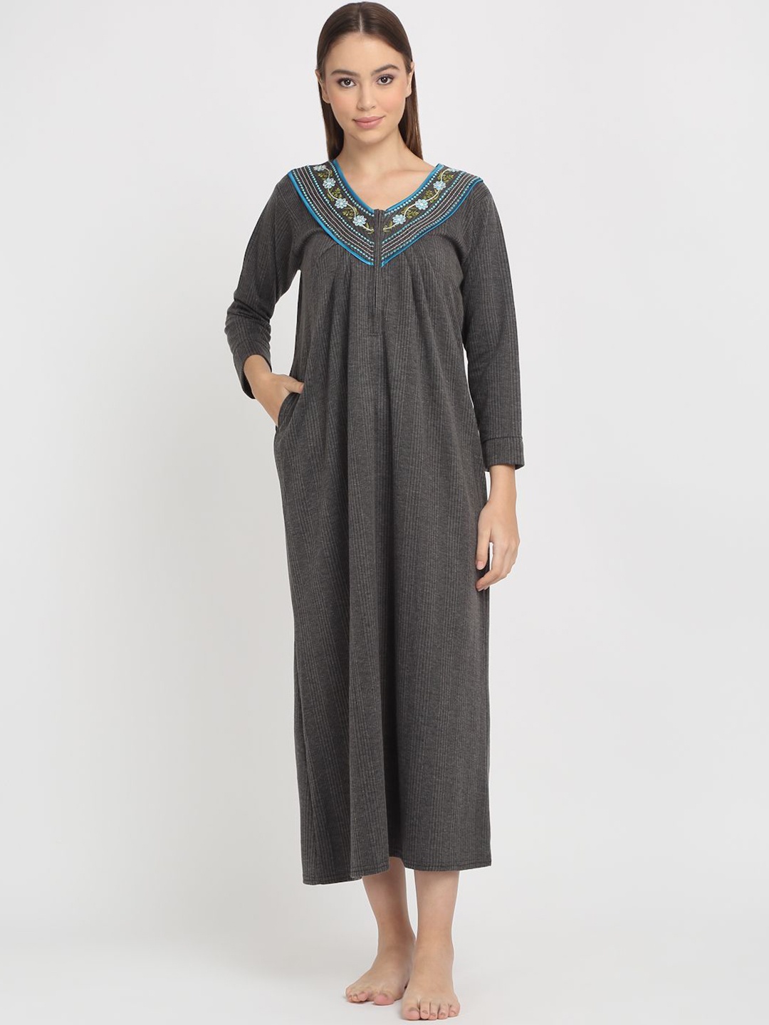 

Arrabi Women Embroidered Thermal Winter Maxi Nightdress, Grey