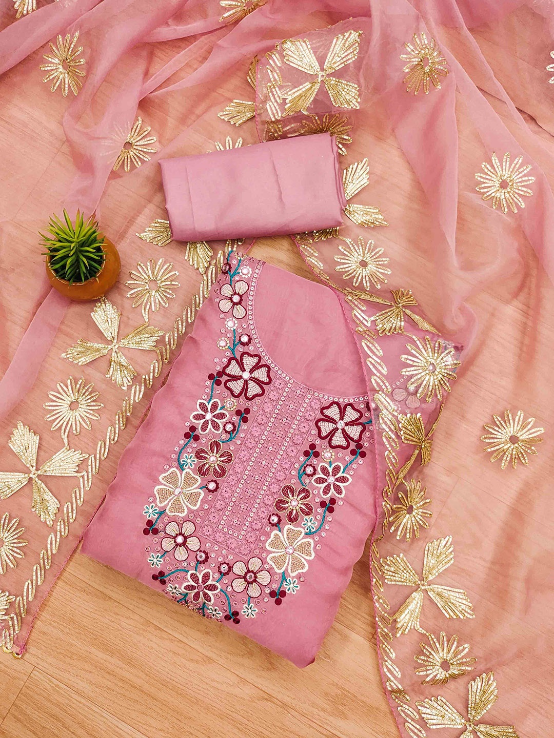 

KIMISHA Embroidered Organza Unstitched Dress Material, Pink