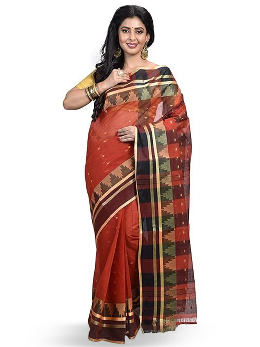 

RAJ SAREE HOUSE Ethnic Motifs Woven Design Zari Pure Cotton Taant Saree, Red