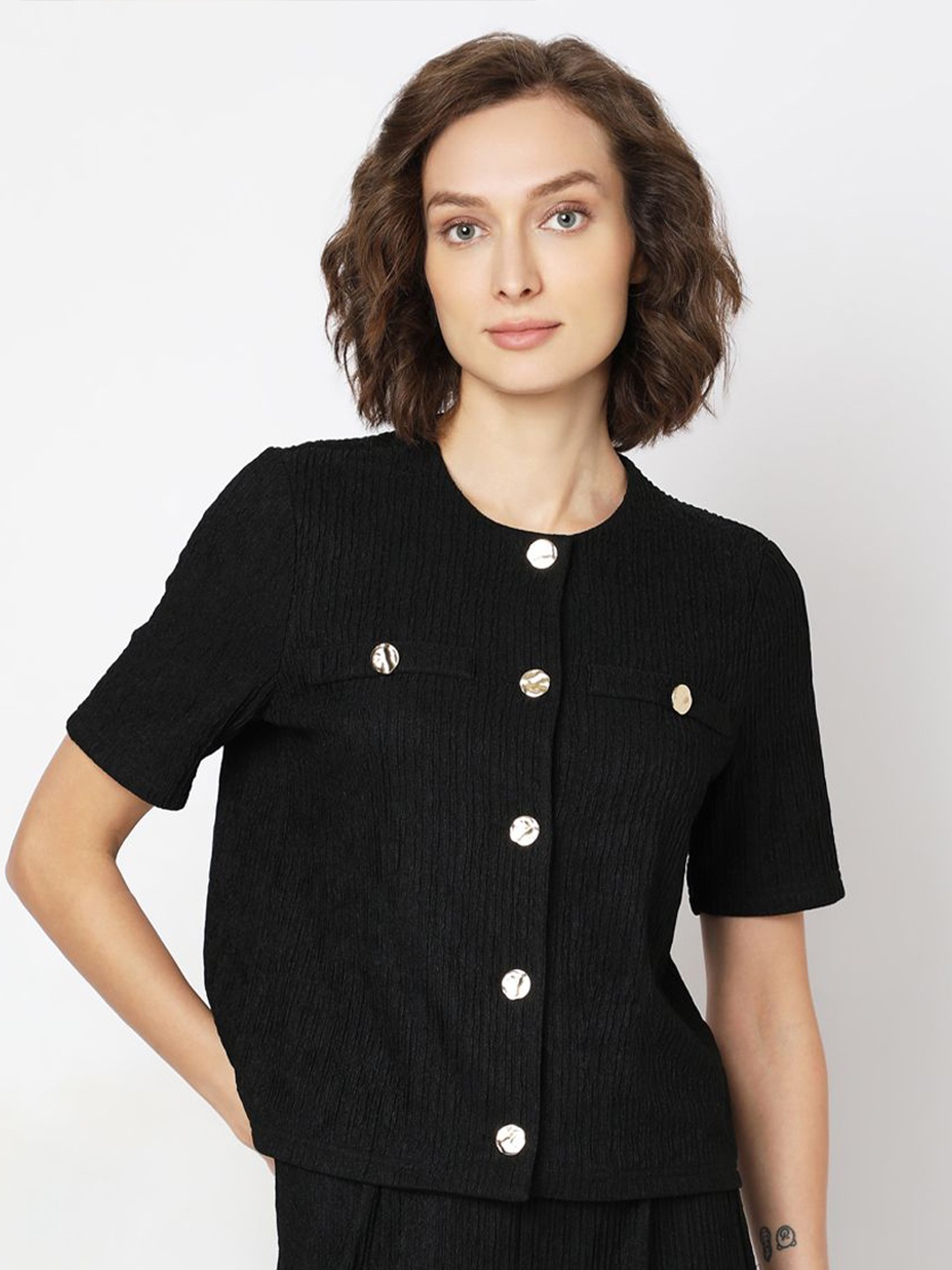 

Vero Moda Women Self Design Round Neck Short Sleeves Top, Black