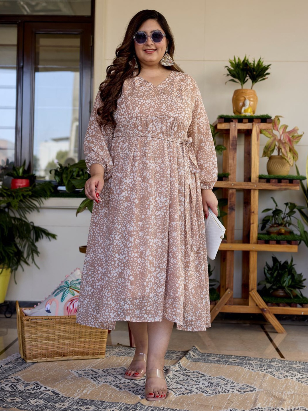 

NANGALIA RUCHIRA Women Floral Printed Plus Size V-Neck Puff Sleeves Fit & Flare Midi Dress, Cream