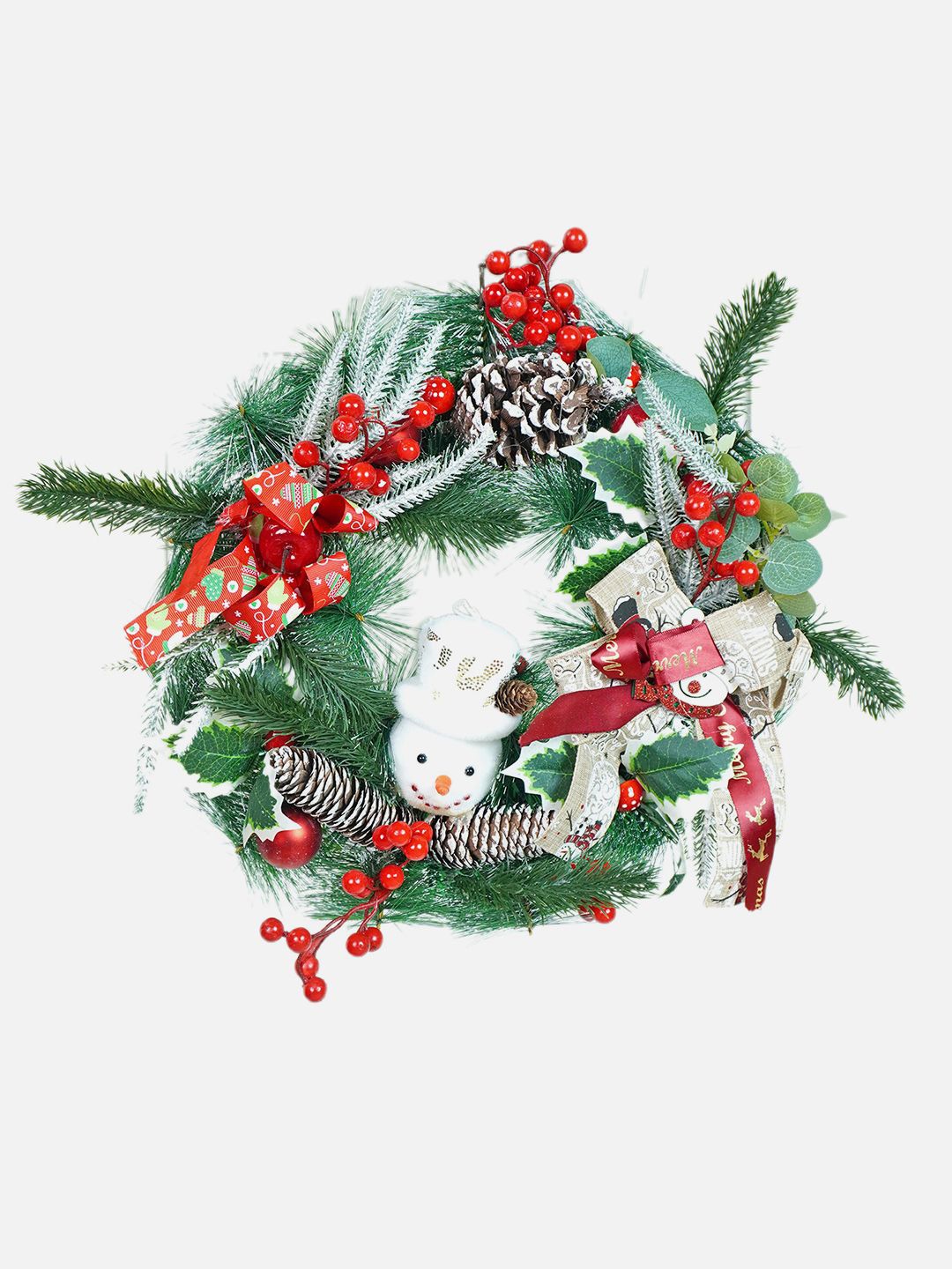 

Little Surprise Box LLP Double Bow Snowman Face Artificial Christmas Wreath For Door Wall, Red