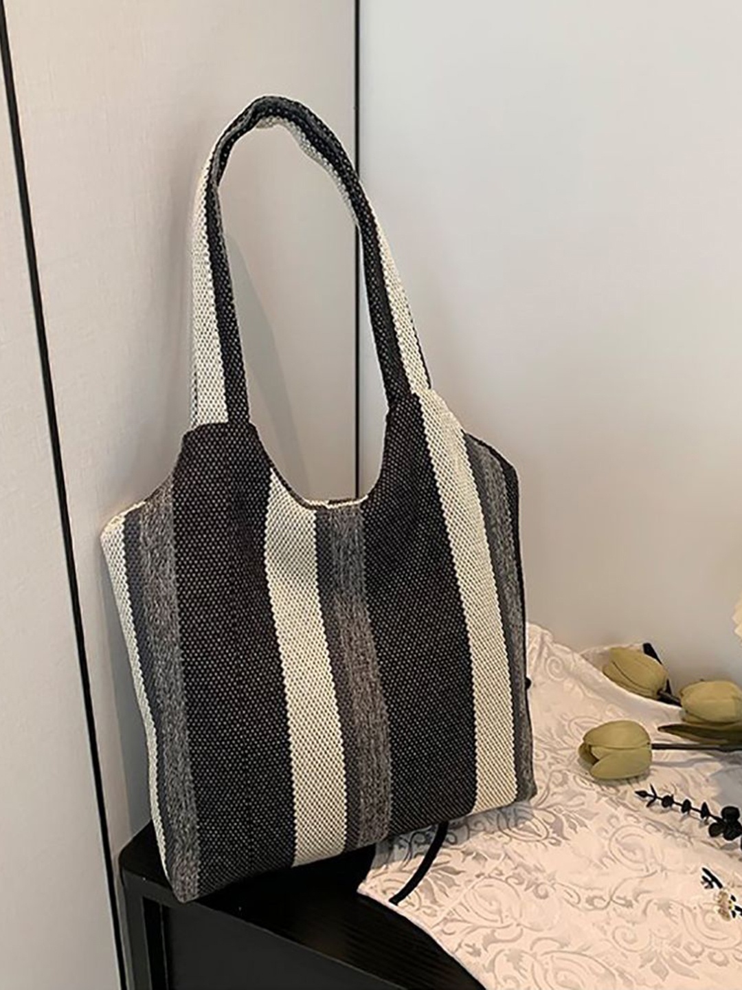 

StyleCast x Revolte Striped Shopper Handheld Bag, Black
