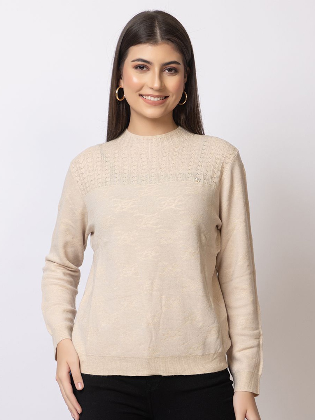 

Navsha Women Self Design Round Neck Long Sleeves Woollen Pullover Sweater, Cream
