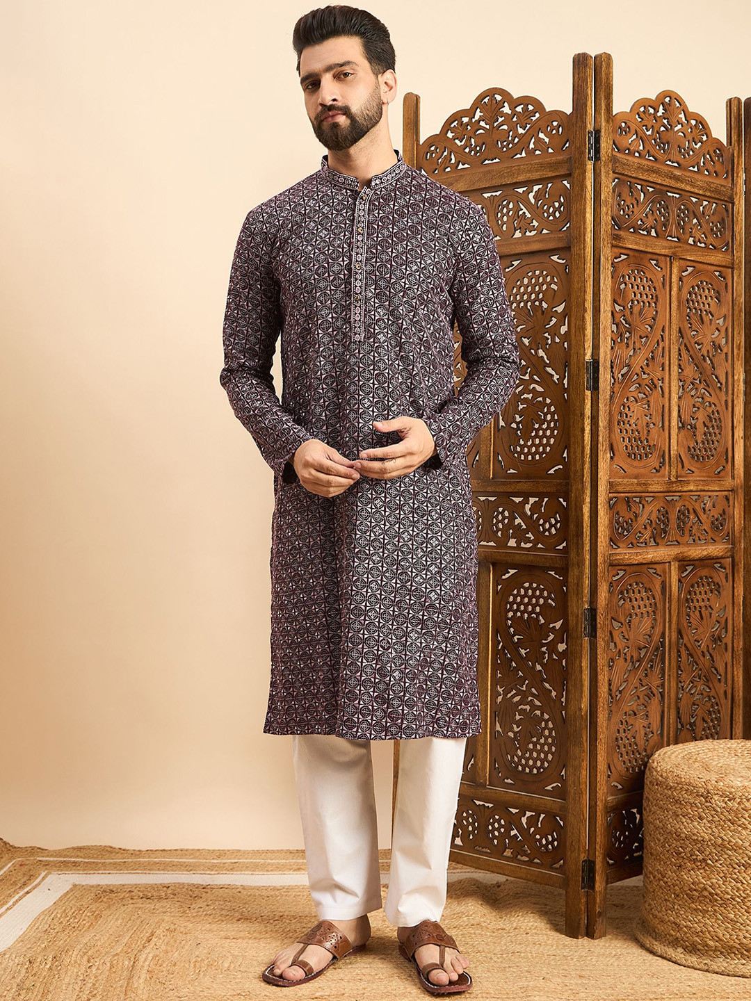 

HERE&NOW Men Ethnic Motifs Printed Thread Work Kurta, Purple