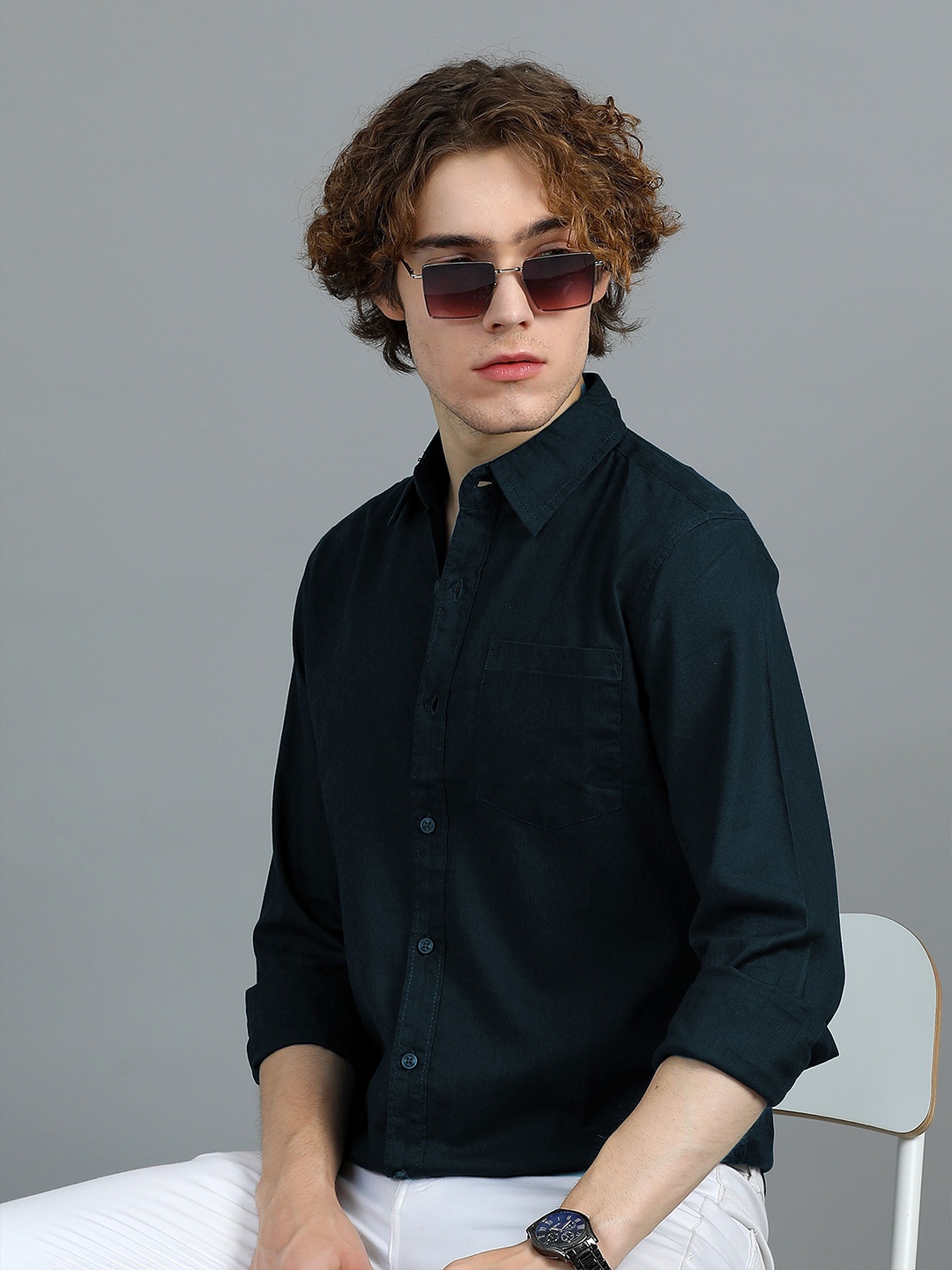 

SILISOUL Men Classic Opaque Casual Shirt, Navy blue