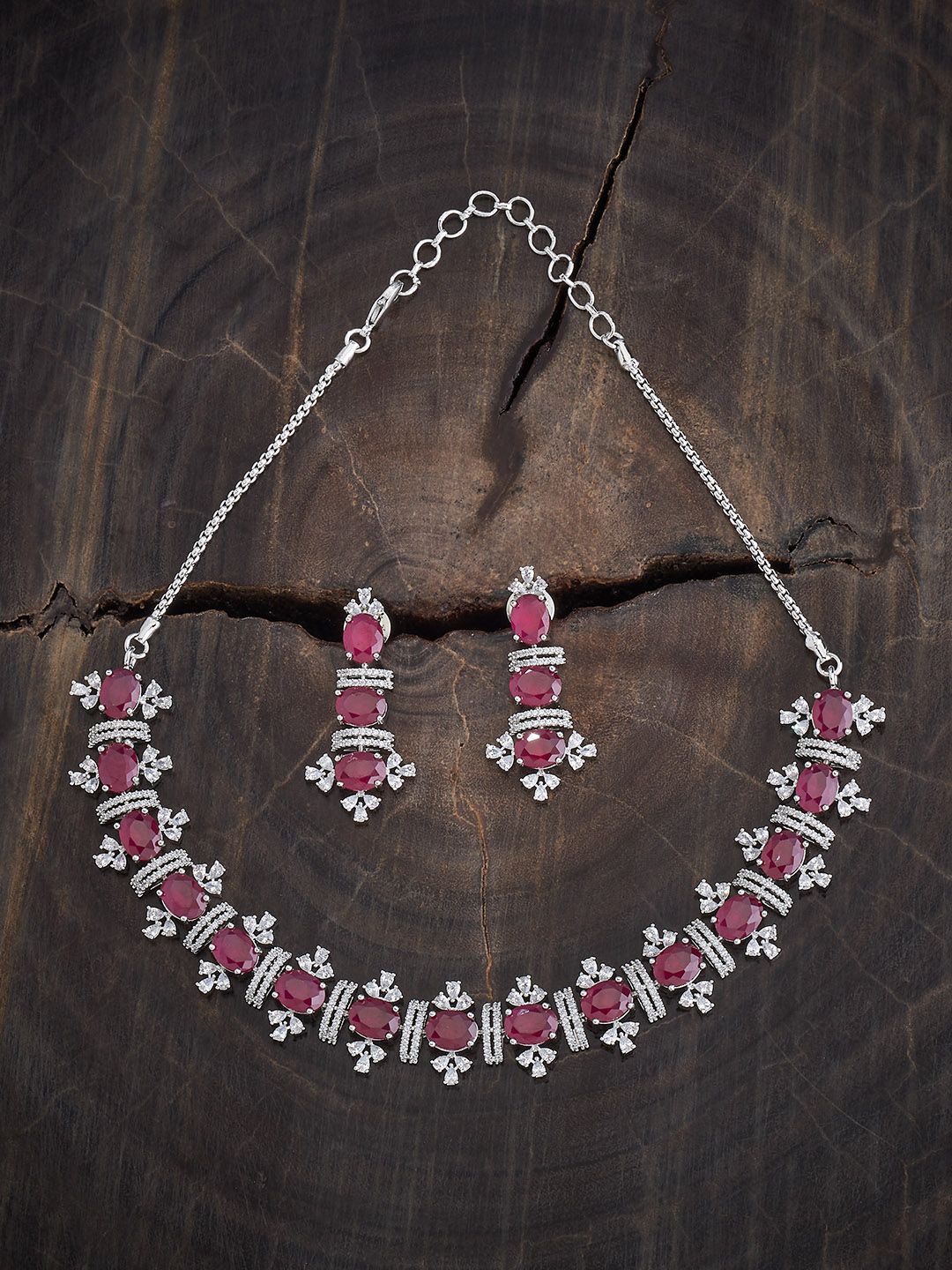 

Kushal's Fashion Jewellery Rhodium Plated CZ Studded Jewellery Set, Silver