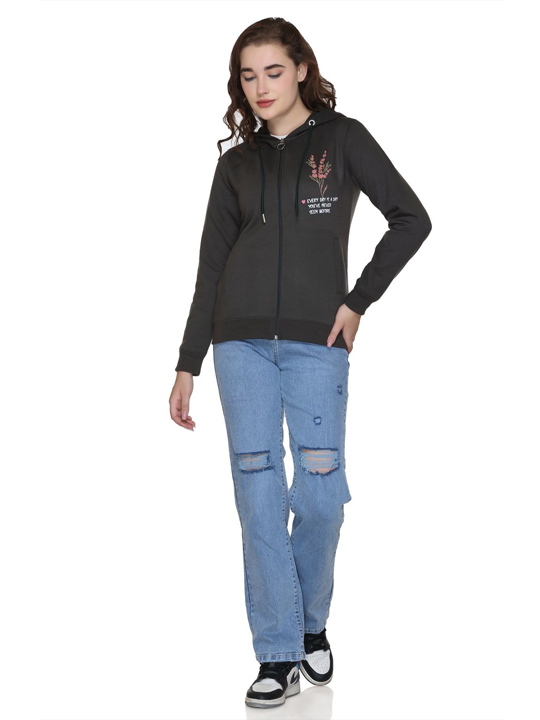 

A & Y Women Cotton Self Design Hooded Zipper Sweatshirt, Grey