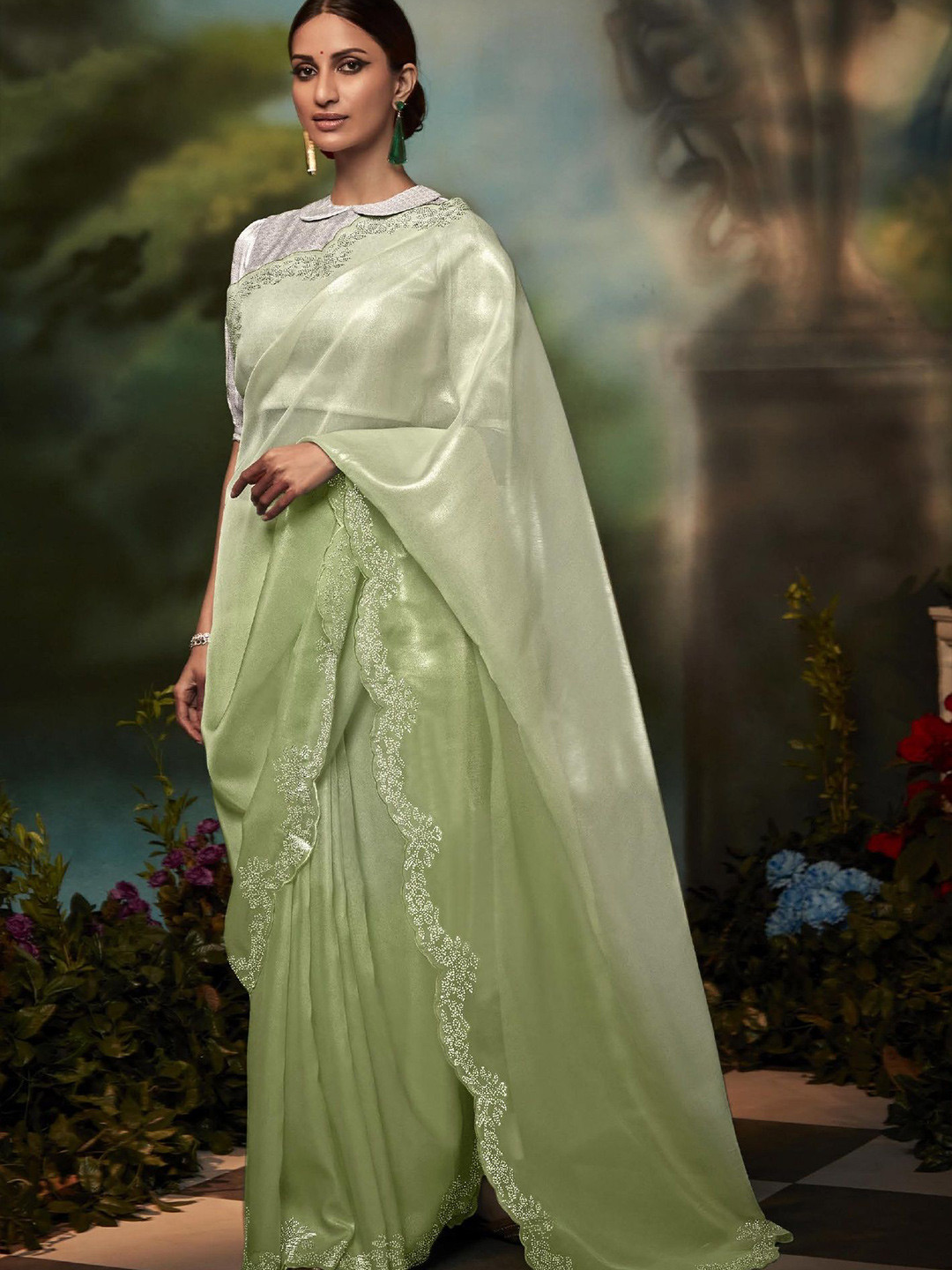 

MAHALASA Beads and Stones Tissue Saree, Green