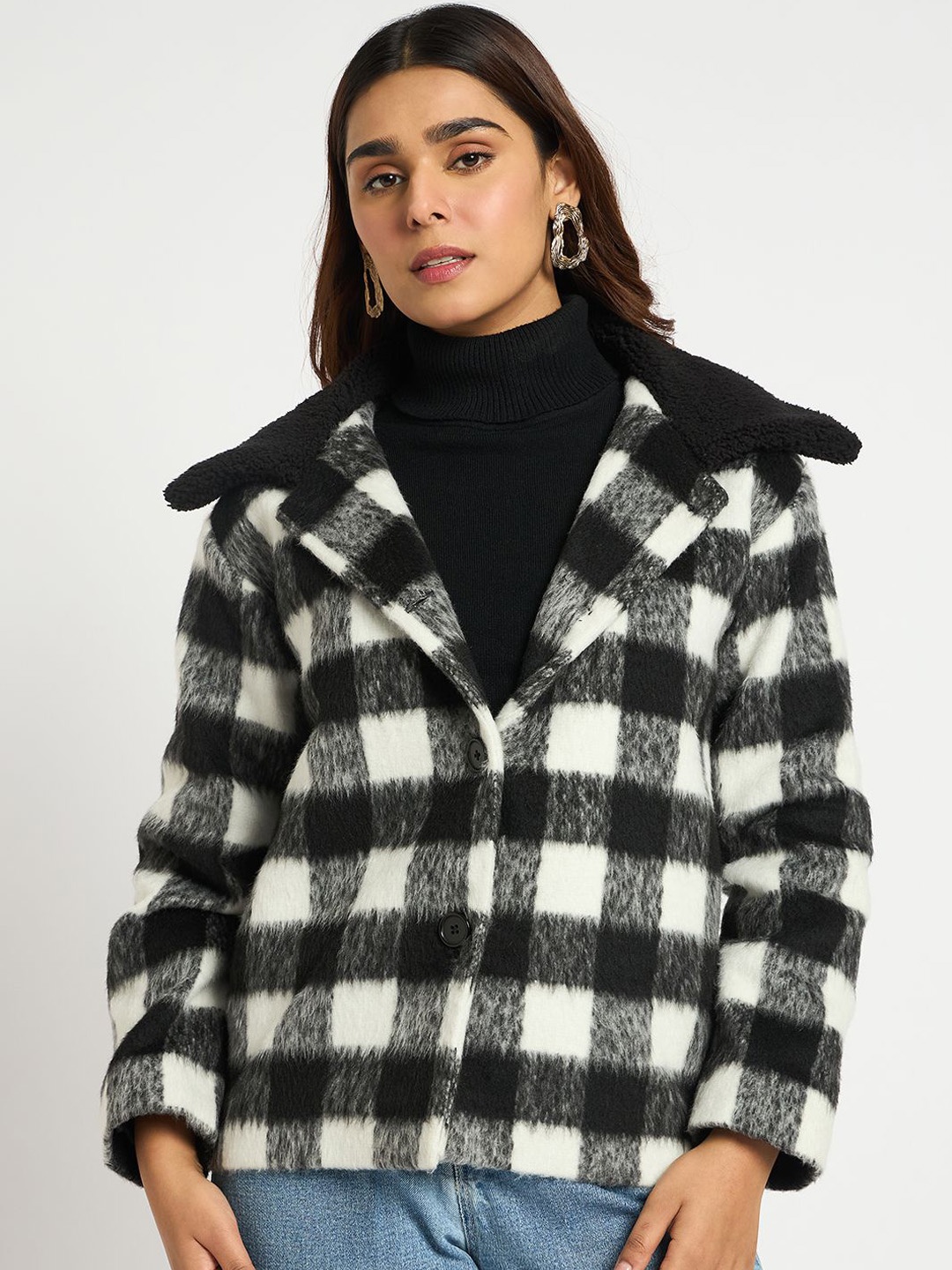 

FEMMELLA Women Checked Acrylic Lightweight Tailored Jacket, Black
