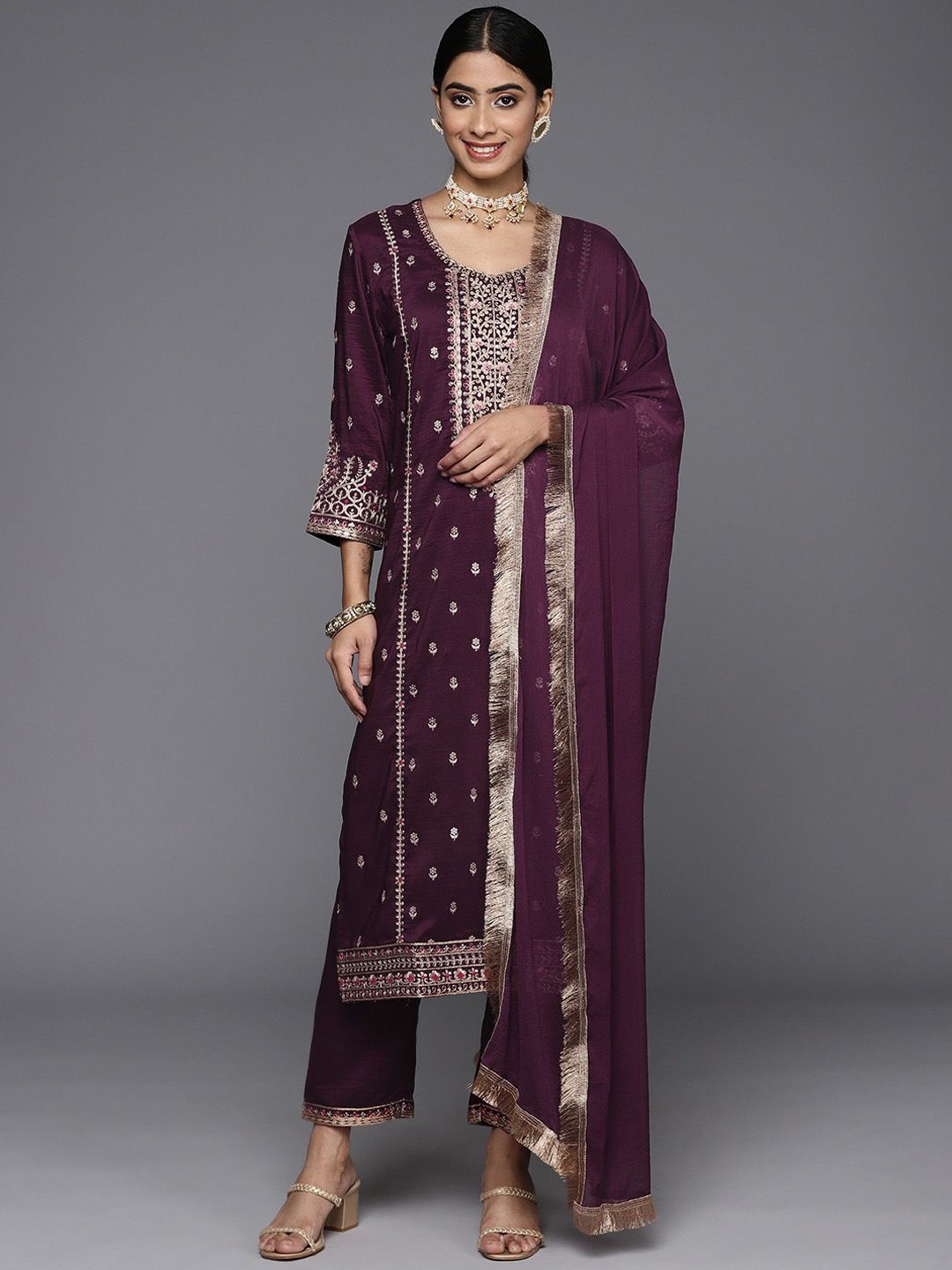 

KALINI Women Ethnic Motifs Embroidered Regular Kurta with Trousers & With Dupatta, Burgundy