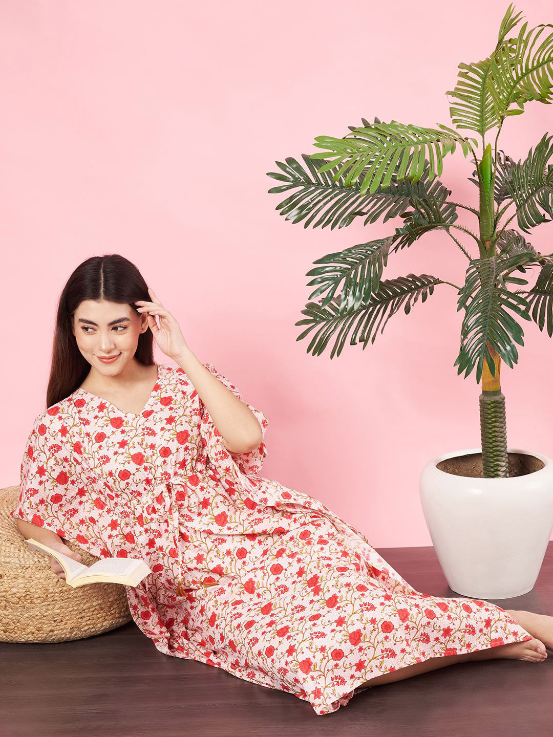 

HERE&NOW Women Floral Printed Pure Cotton Kaftan Nightdress, Beige