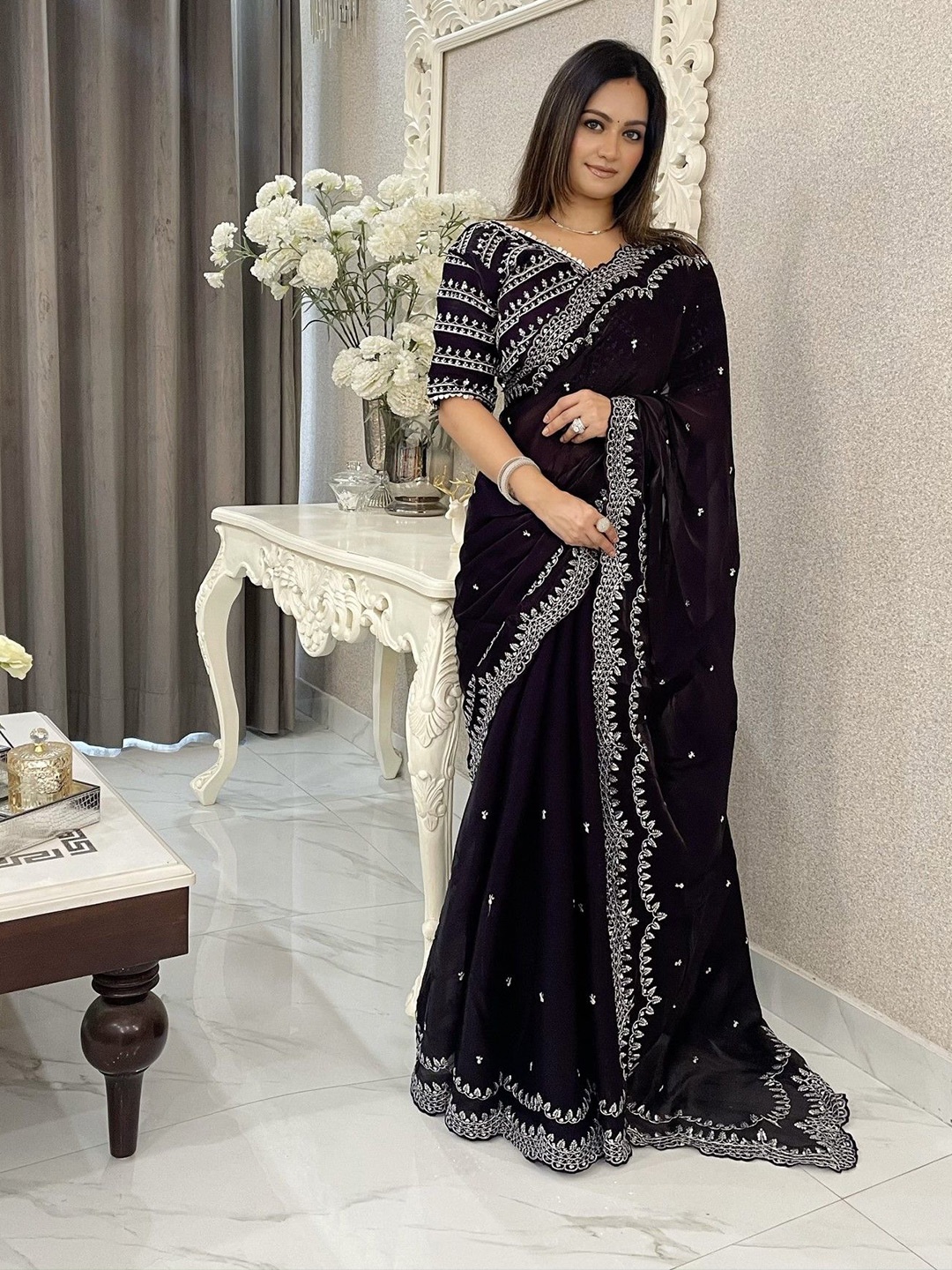 

LeeliPeeri Designer Ethnic Motifs Embroidered Saree With Embroidery Stitched Blouse, Violet