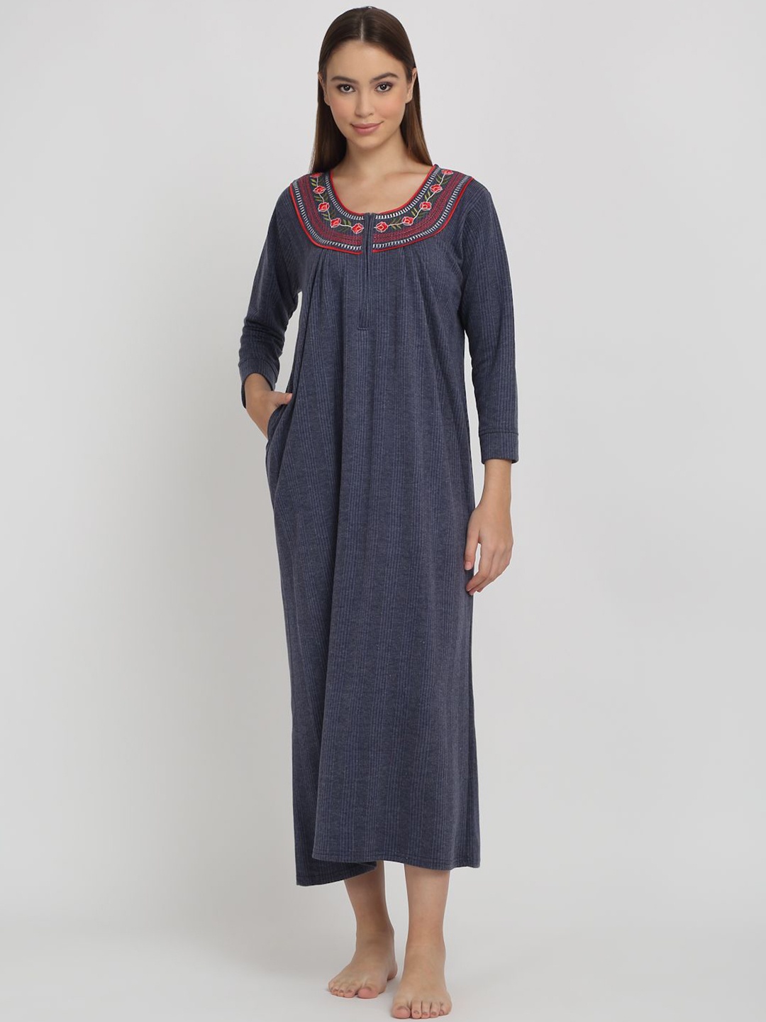 

Arrabi Women Embroidered Winter Maxi Nightdress, Blue