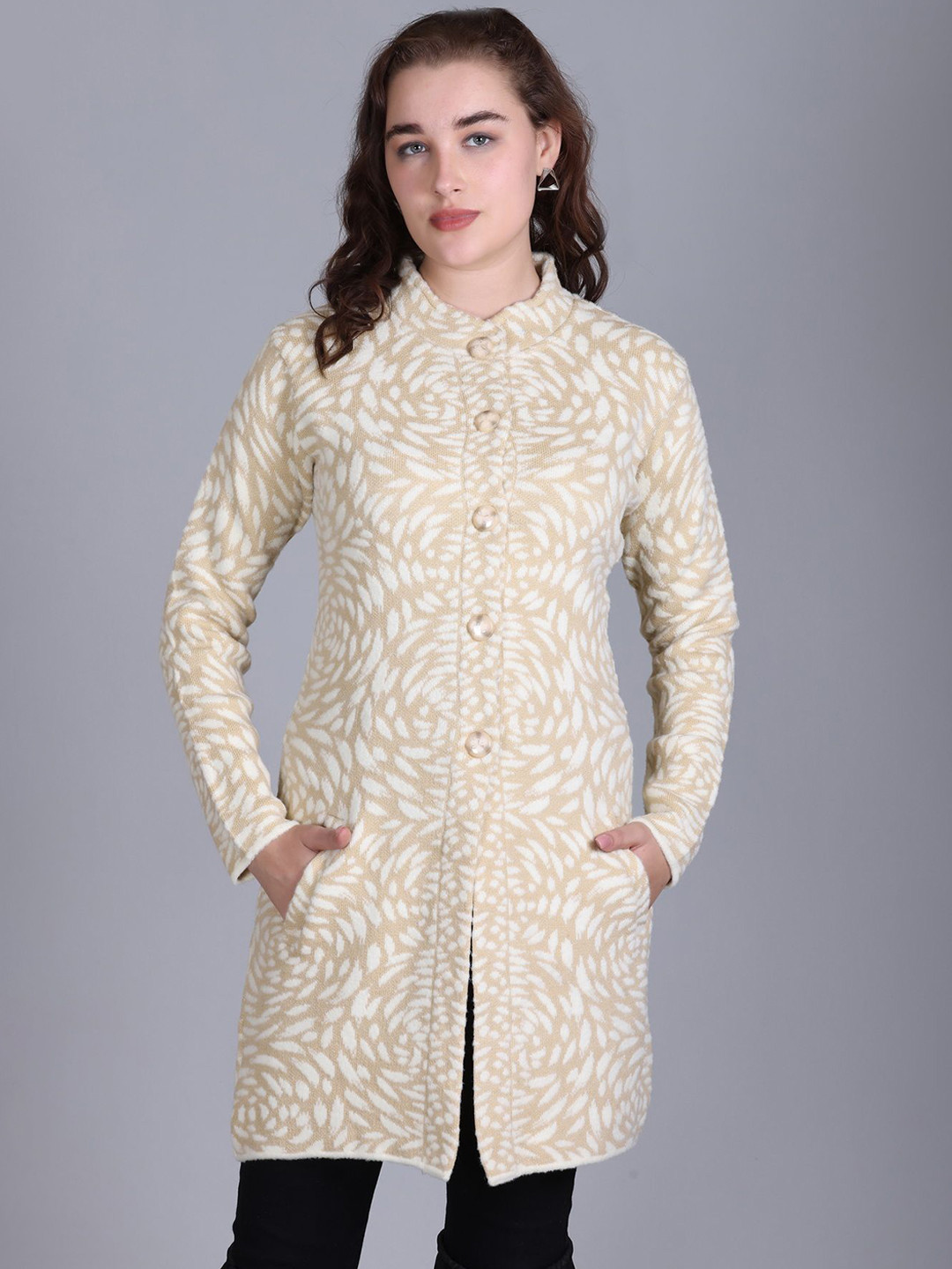 

MONTREX Women Self Design Mandarin Collar Regular Fit Woolen Overcoat, Beige