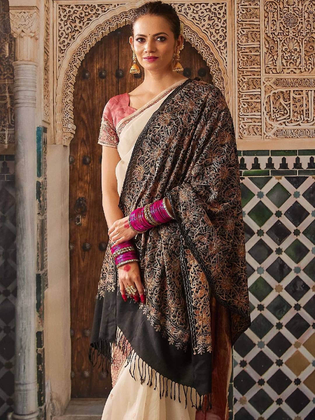 

Pashmoda Women Paisley Embroidered Shawl, Black