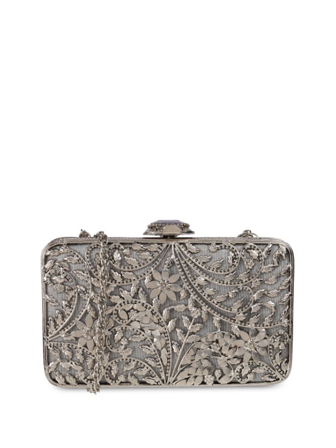 

Cheemo Textured Embellished Box Clutch, Silver
