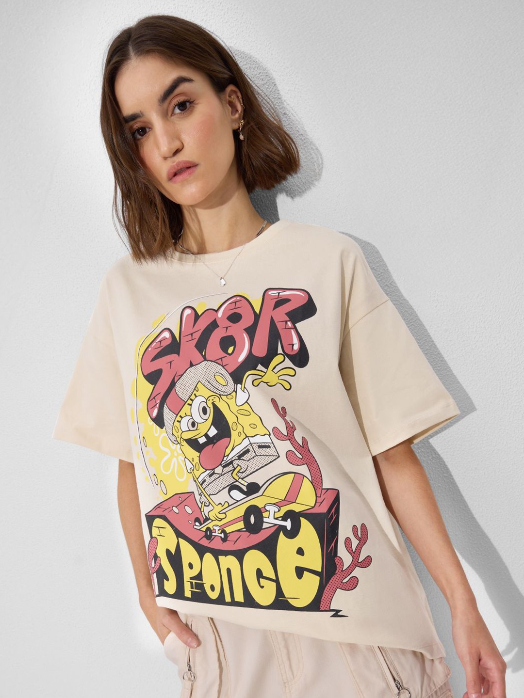 

The Souled Store Women Typography Spongebob Printed T-shirt, Cream