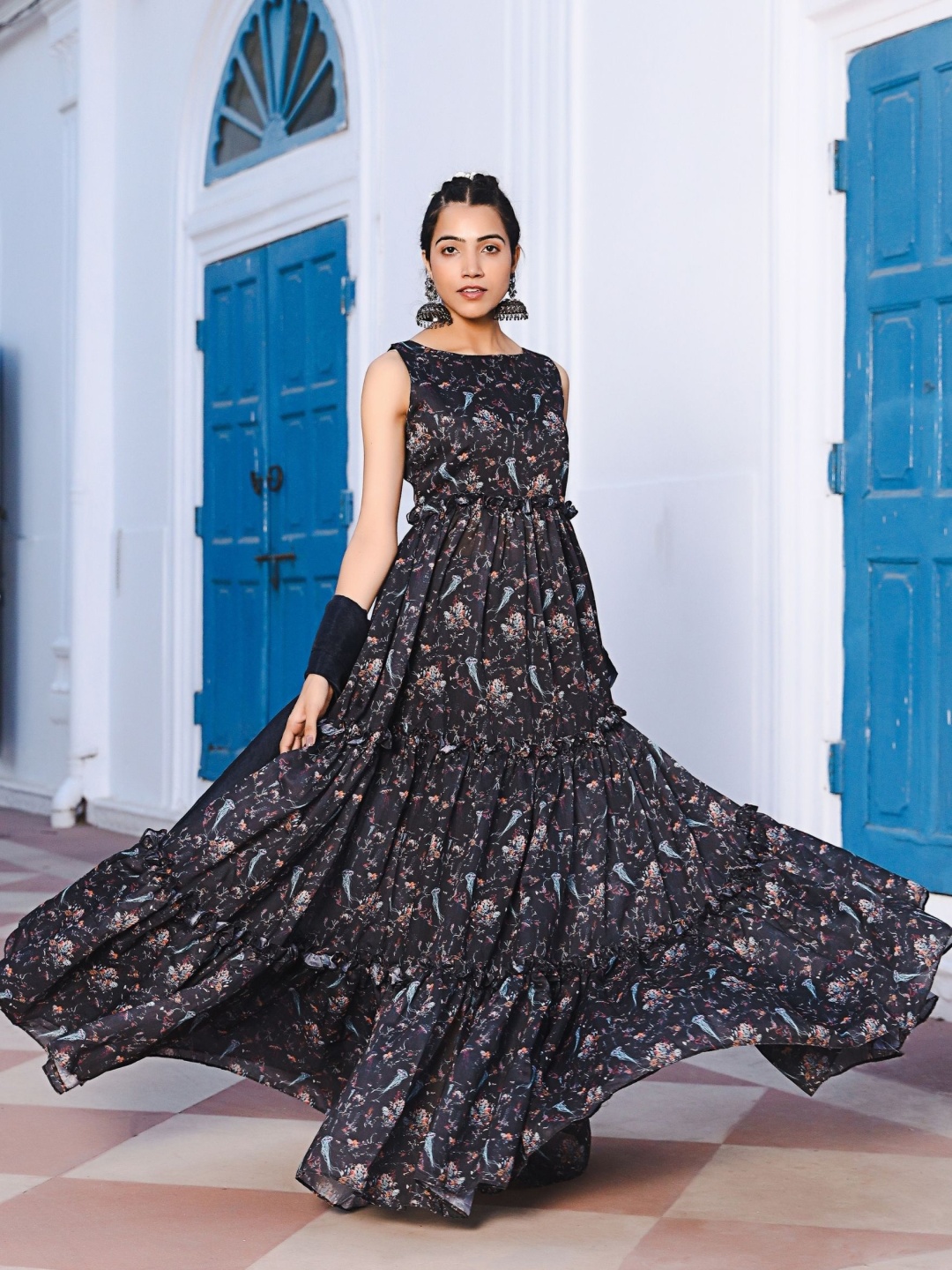

ASHEERA Women Floral Printed Tiered Fit & Flared Maxi Ethnic Dress With Dupatta, Black