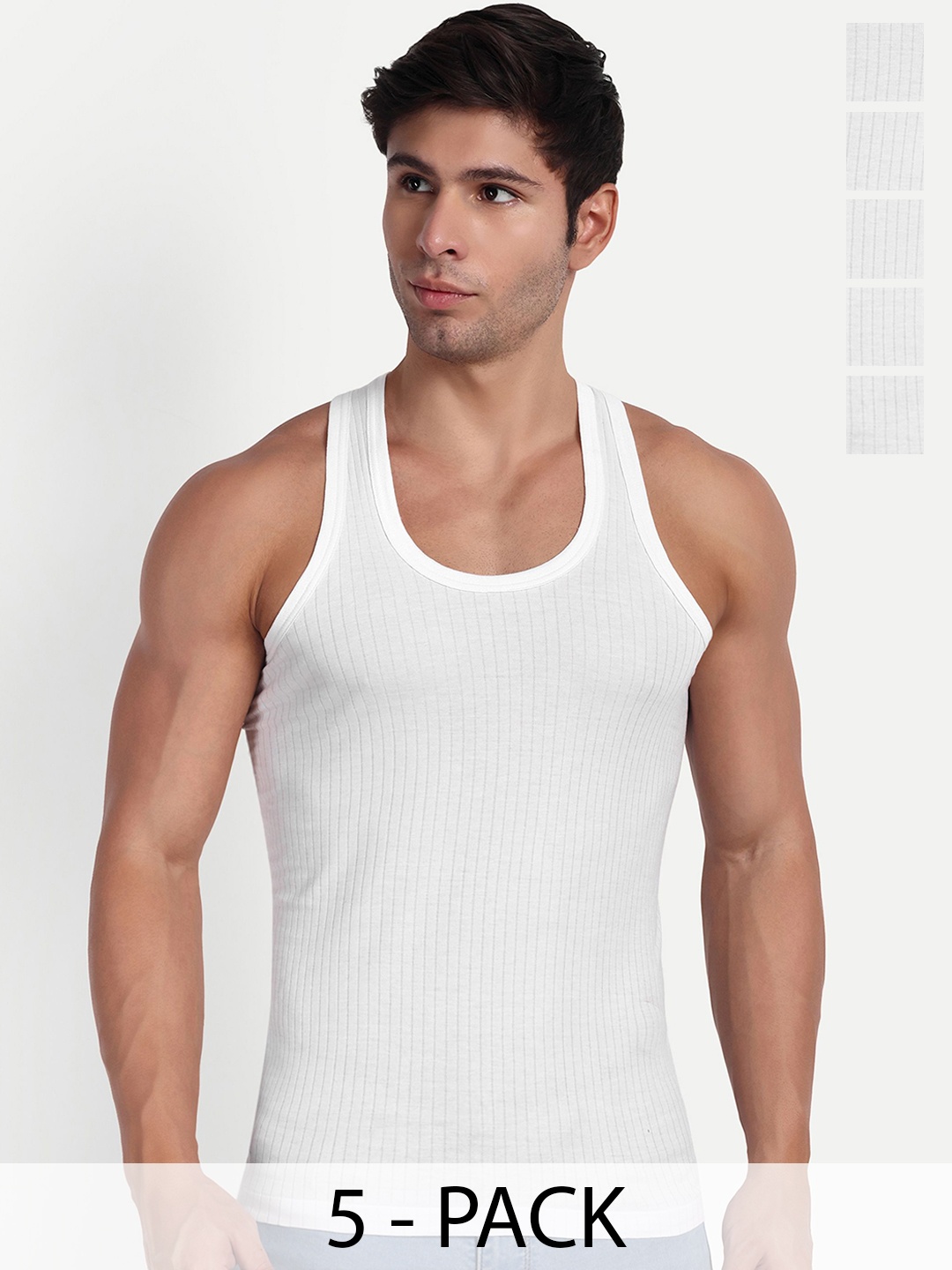 

KANSAL Men Pack Of 5 Cotton Gym Vests, White