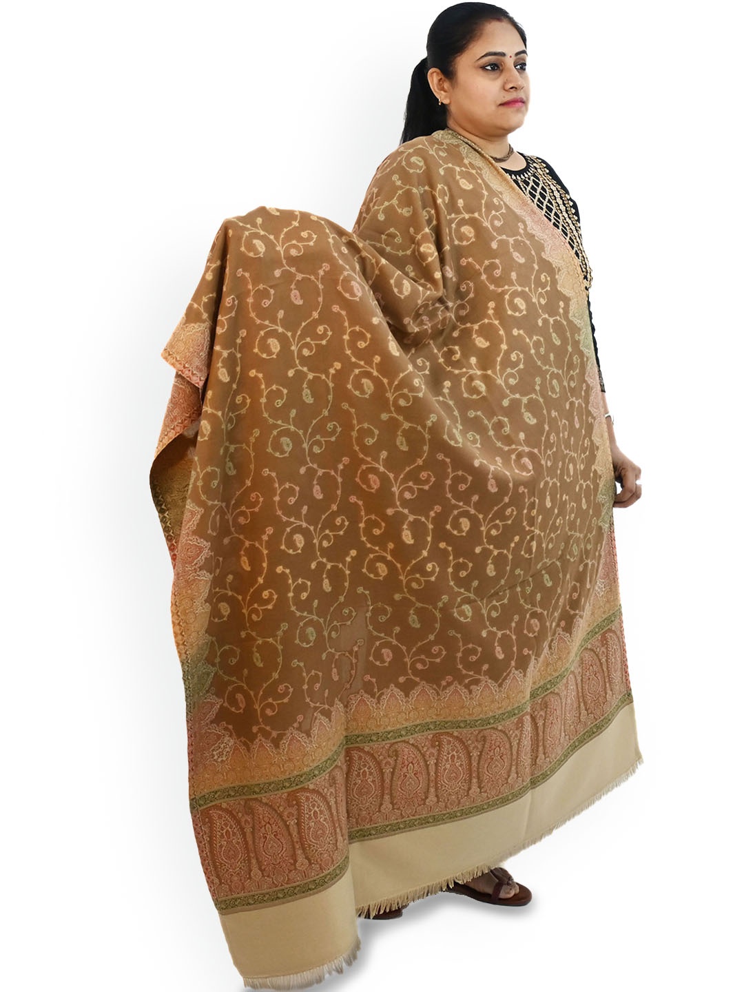 

Vrinde Women Ethnic Motifs Embroidered Pashmina Shawl, Beige