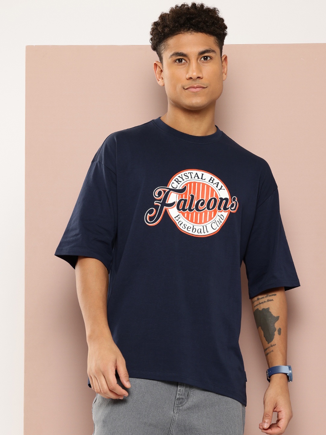 

Harvard Printed Drop-Shoulder Pure Cotton T-shirt, Navy blue