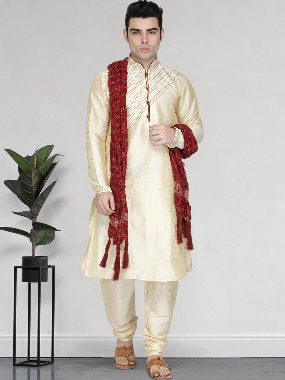 

SKAVIJ Men Ethnic Motifs Regular Thread Work Dupion Silk Kurta with Churidar & With Dupatta, Beige