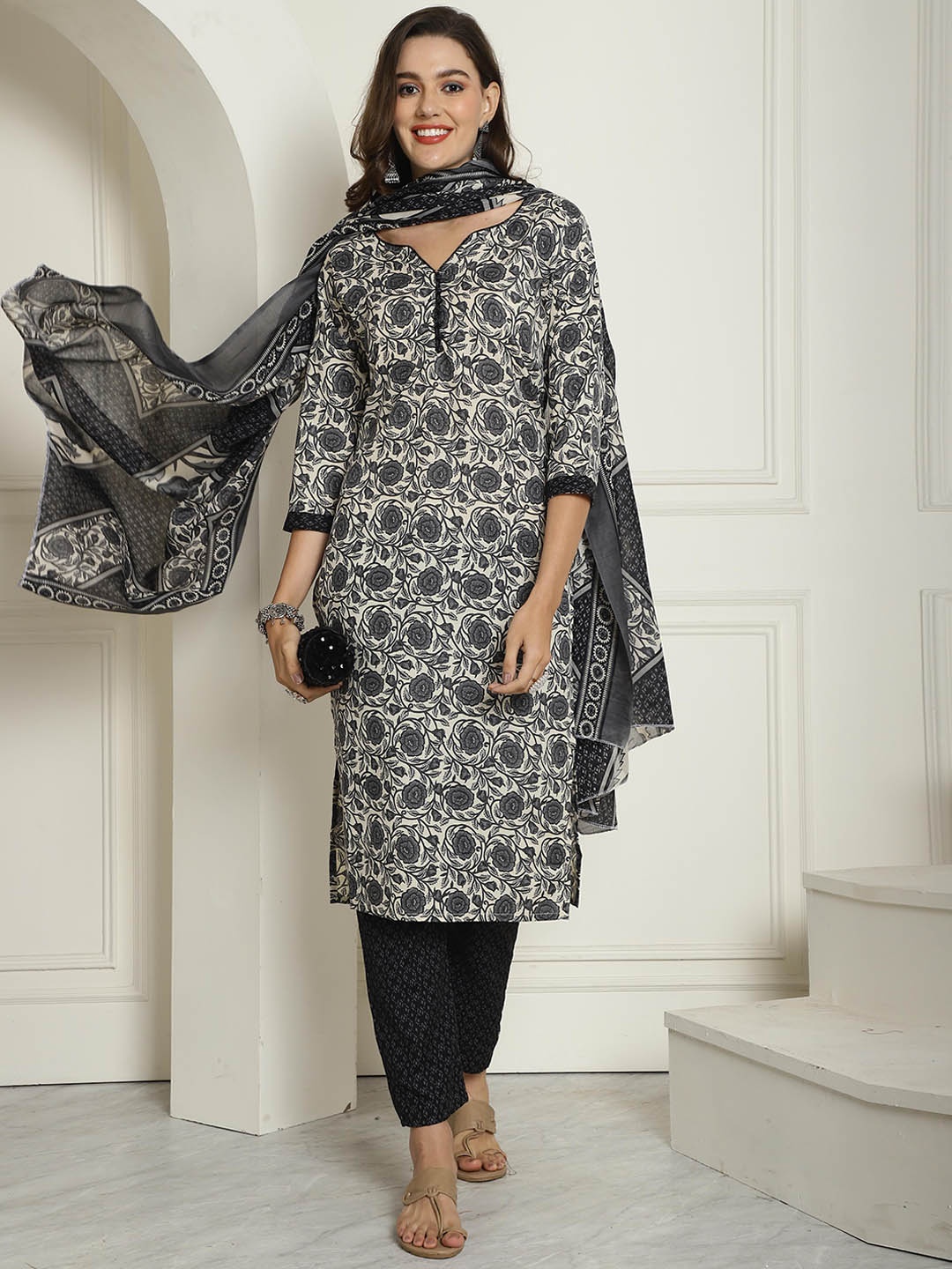 

Roly Poly Women Floral Printed Regular Kurta with Trousers & With Dupatta, Off white