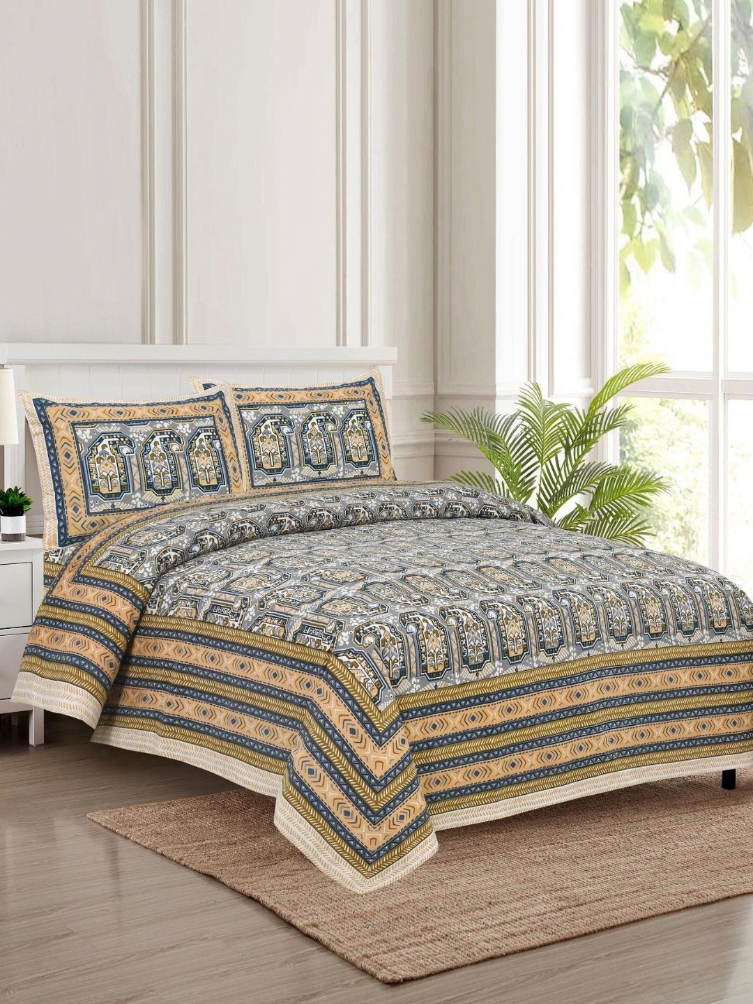 

HOMELINE Brown & Yellow 180 TC King Bedsheet with 2 Pillow Covers