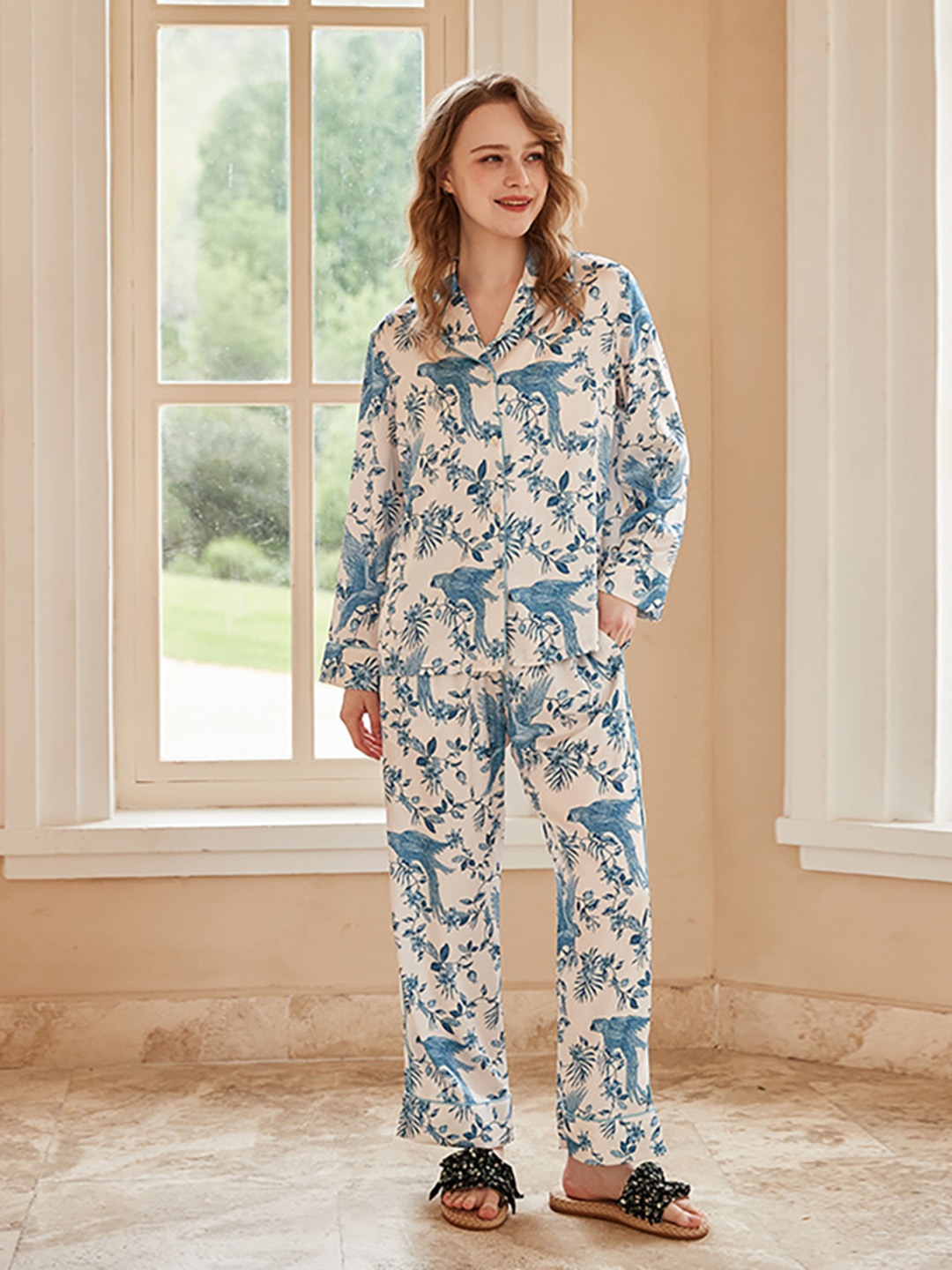 

JC Collection Women Conversational Printed Shirt & Pyjamas Night suit, White