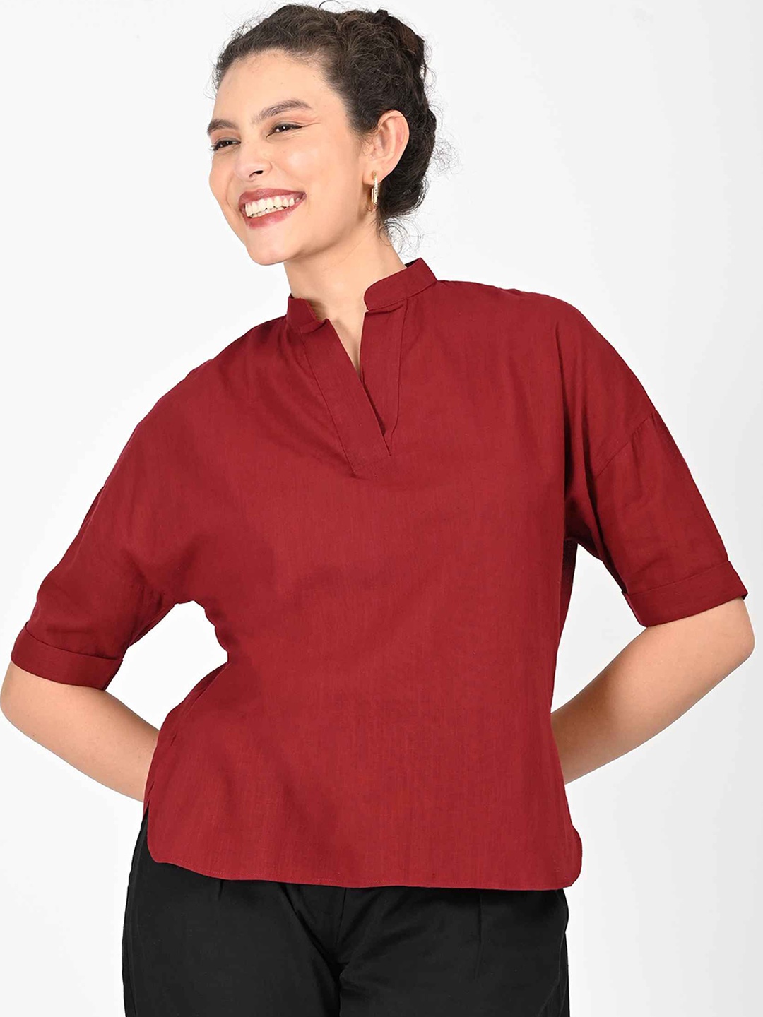 

Saltpetre Mandarin Collar Drop Shoulder Sleeves Organic Cotton Top & Trousers, Maroon
