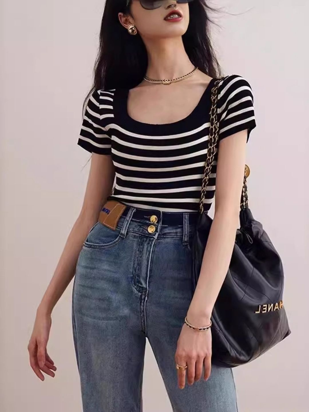 

HERE&NOW Women Striped Scoop Neck Short Sleeves Top, Black