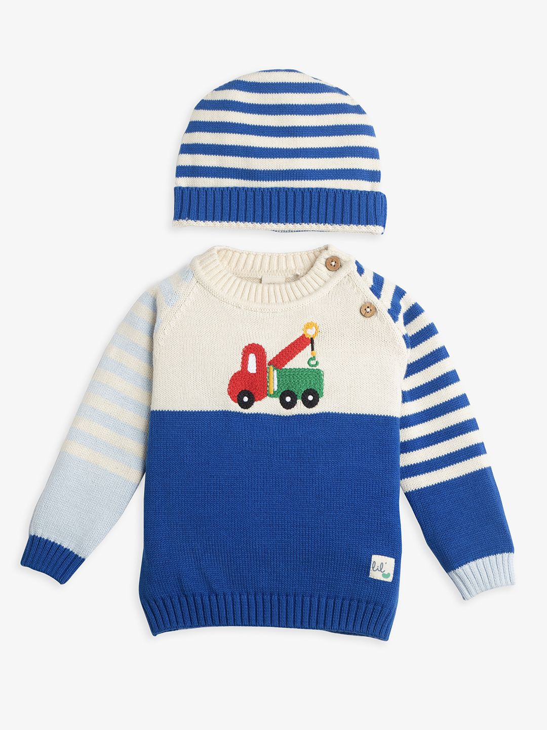 

Ed-a-Mamma Baby Boys Colourblocked Cotton Pullover With Beanie, Blue