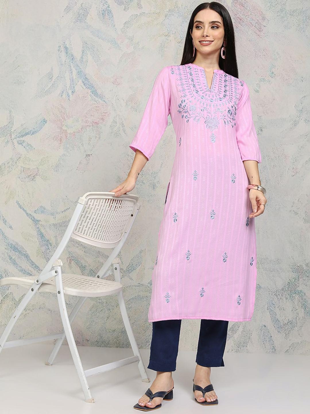 

Vishudh Women Embroidered Thread Work Kurta, Pink